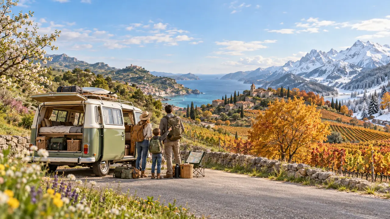 Van aménagé au bord d'une route française entre nature et montagnes