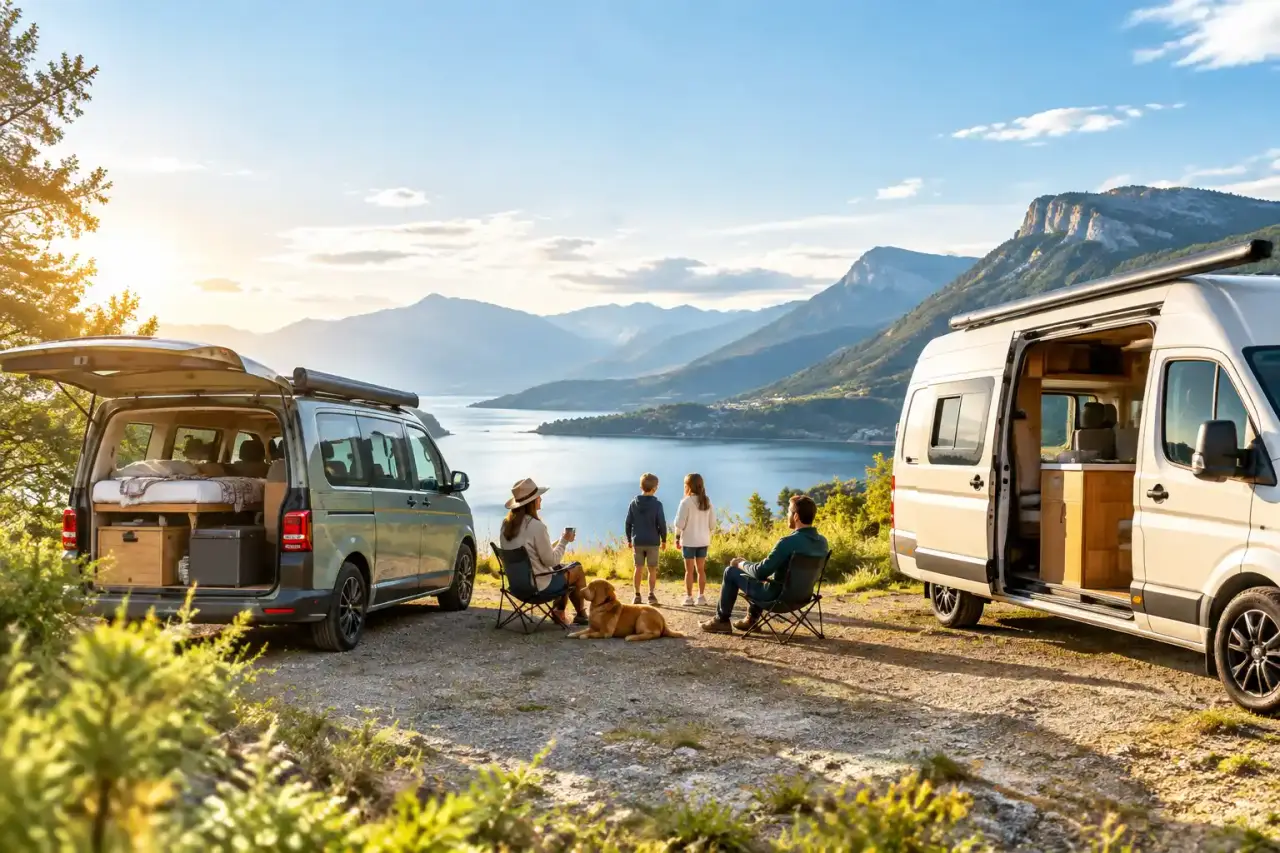 Van aménagé stationné au bord d'un paysage naturel pour un roadtrip