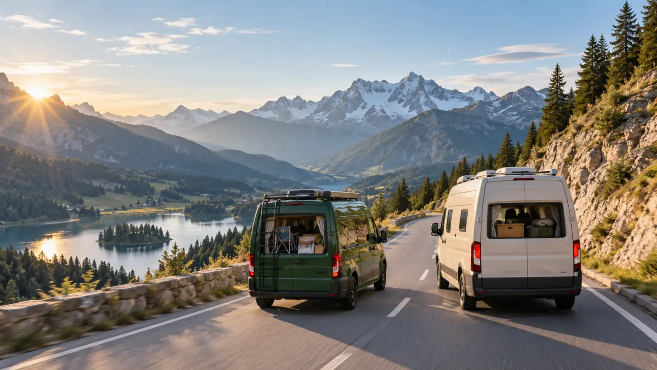 Van aménagé stationné face à un paysage naturel pour un roadtrip