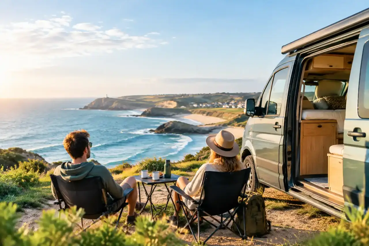 Van aménagé stationné devant un paysage naturel français au coucher du soleil