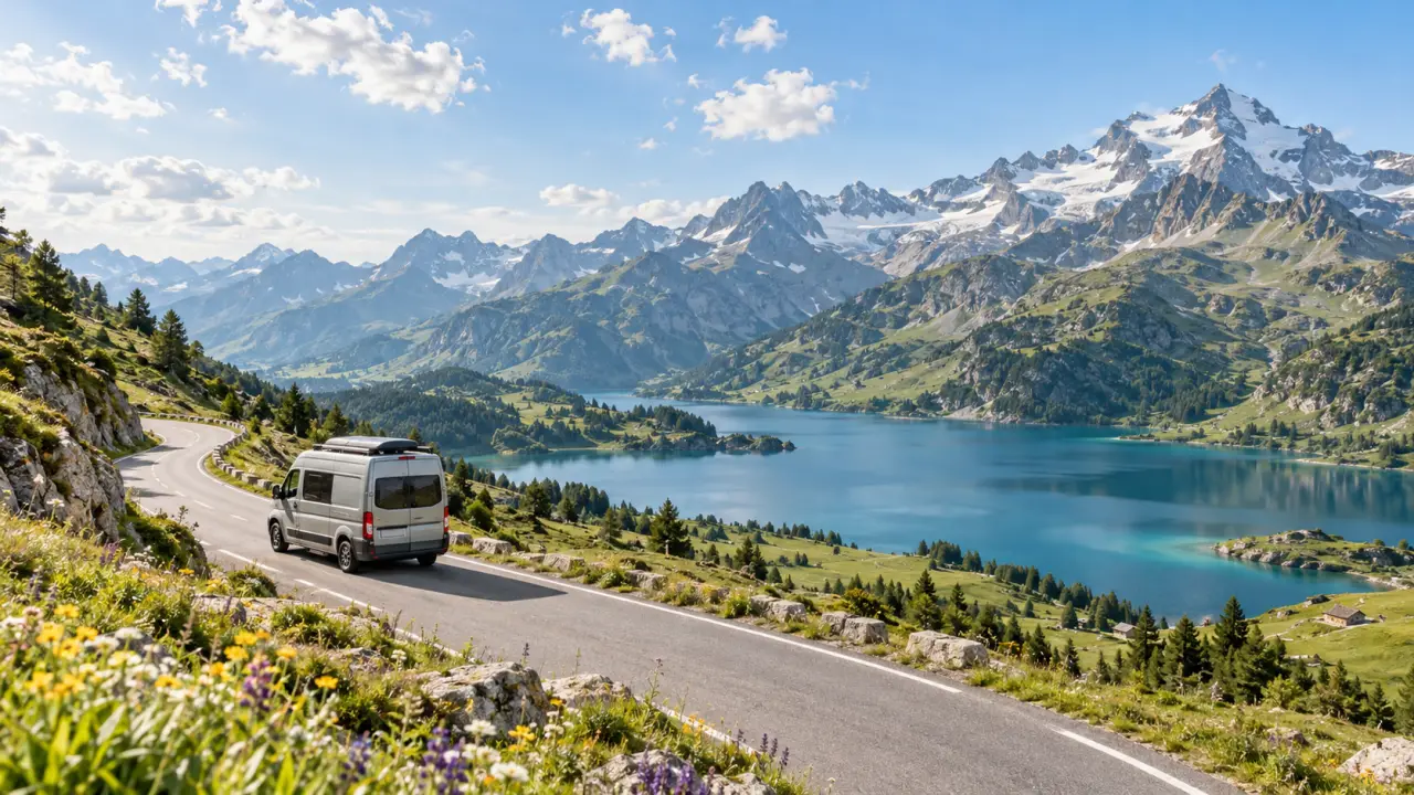 Van aménagé stationné face aux montagnes des Alpes